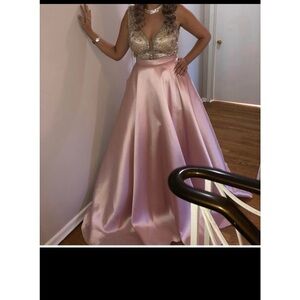 Gold Sequin Bodice Pink Satin Ball Gown Dress